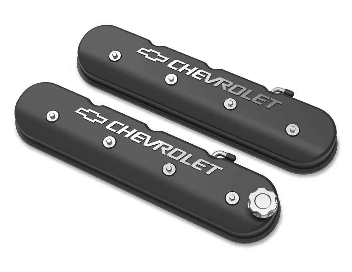 Tall LS Valve Cover w_ Bowtie_Chevrolet Logo Satin Black Machined Finish 241-402